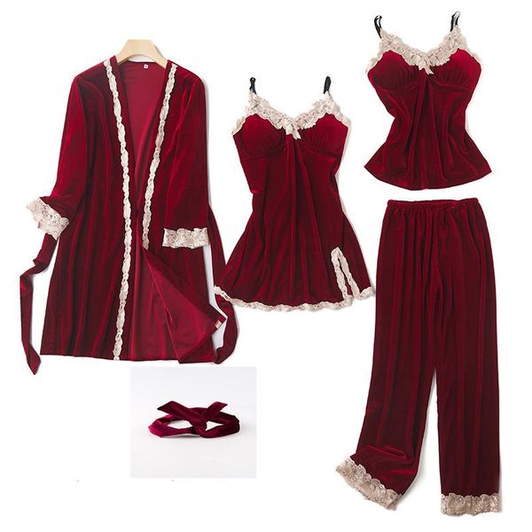 women's sleepwear fashion velvet 5 pieces warm pajamas for women lace sling pyjama set winter long sleeves nightwear femme, Black;red
women's sleepwear fashion velvet 5 pieces warm pajamas for women lace sling pyjama set winter long sleeves nightwear femme, Black;red