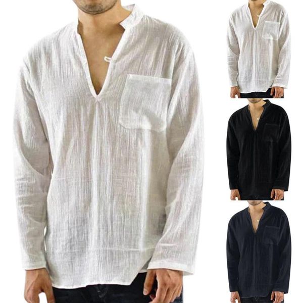 men shirts vintage breathable thin v-neck solid male summer cotton linen loose pocket casual men shirts 2020, White;black
men shirts vintage breathable thin v-neck solid male summer cotton linen loose pocket casual men shirts 2020, White;black