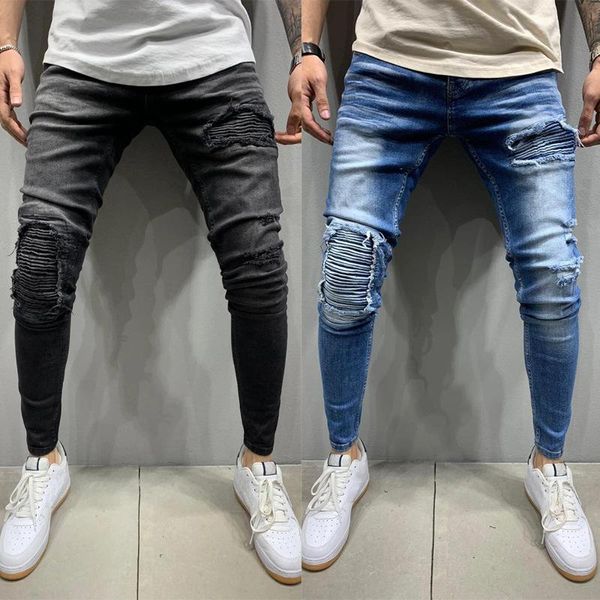 men's jeans ripped skinny denim pencil pants 2021 streetwear destroyed frayed stretch biker jean mens pleated hip hop trousers, Blue
men's jeans ripped skinny denim pencil pants 2021 streetwear destroyed frayed stretch biker jean mens pleated hip hop trousers, Blue