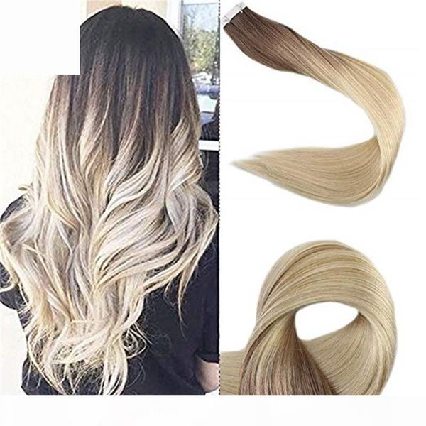 balayage european brazilian peruvian raw inaian cuticle aligned hair straight tape in human hair virgin human hair extensions 50g 20pcs, Black