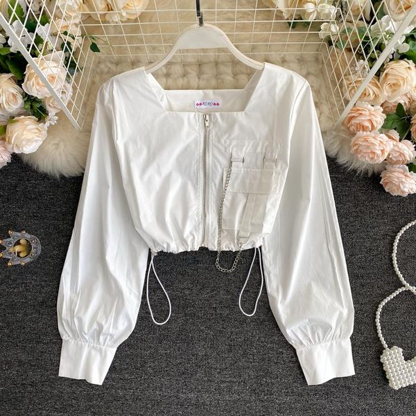 autumn long-sleeved shirt women's retro large pocket drawstring high waist zipper short shirt blouse n827, White
autumn long-sleeved shirt women's retro large pocket drawstring high waist zipper short shirt blouse n827, White