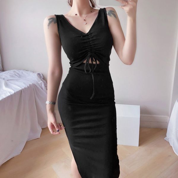 2021 solid color new korean summer fashion v-neck draw thin string mid length split hip dress in women's mesh e8to, Black;gray
2021 solid color new korean summer fashion v-neck draw thin string mid length split hip dress in women's mesh e8to, Black;gray