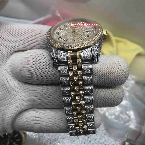 

new men's fashion watches arabic digital scale watch gold diamond face watch full diamond strap watch automatic mechanical wristwatch, Slivery;brown