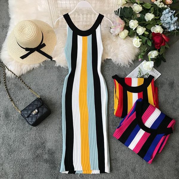 summer 2020 new round neck rainbow vertical striped women vintage knit dress sleeveless pullovers ladies vestido, Black;gray 
summer 2020 new round neck rainbow vertical striped women vintage knit dress sleeveless pullovers ladies vestido, Black;gray