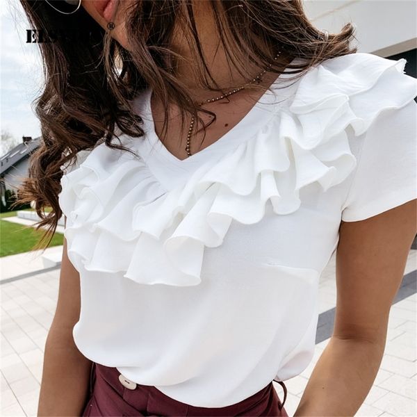 elegant puff shoulder ruffle blouse shirts women summer v neck short sleeve shirt solid back buttoned detail blusa 3xl lj200812, White
elegant puff shoulder ruffle blouse shirts women summer v neck short sleeve shirt solid back buttoned detail blusa 3xl lj200812, White