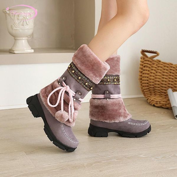 sweet style comfortable flock winter warm snow boots plush beading rivets lace-up medium with thick heels mid-calf boots, Black
sweet style comfortable flock winter warm snow boots plush beading rivets lace-up medium with thick heels mid-calf boots, Black