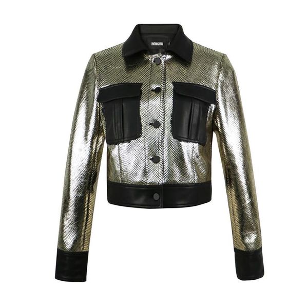2020 spring faux gloden leather jacket women streets locomotive pu leather short slim-leather pockets biker coat, Black 
2020 spring faux gloden leather jacket women streets locomotive pu leather short slim-leather pockets biker coat, Black