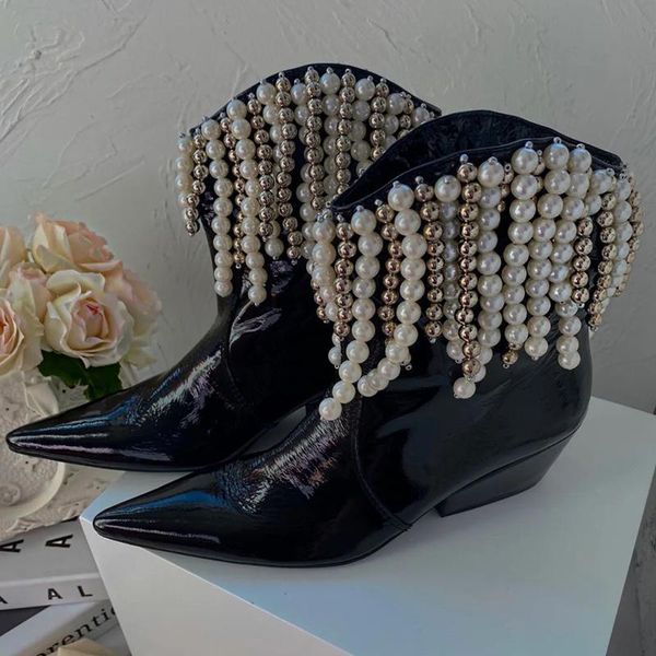 women's ankle boots pearls beading pointed toe pull on low heels stylish shoes b296, Black
women's ankle boots pearls beading pointed toe pull on low heels stylish shoes b296, Black