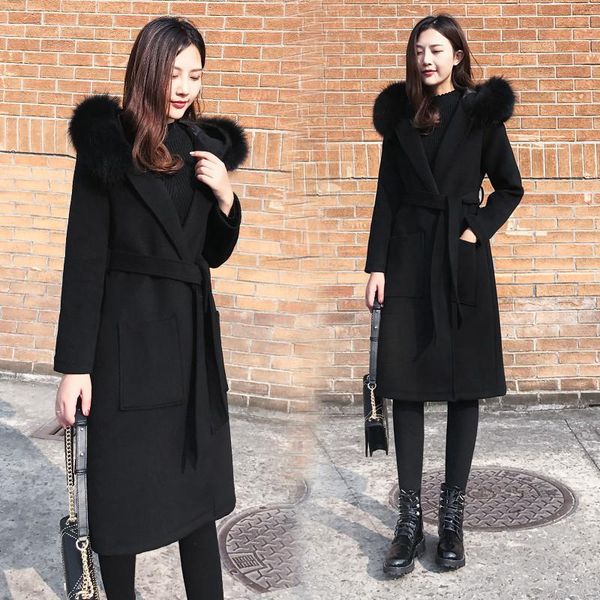 women's wool & blends autumn winter women outerwear 2021 medium long female woolen coat over knee hooded fur collar loose ladies cw152, Black
women's wool & blends autumn winter women outerwear 2021 medium long female woolen coat over knee hooded fur collar loose ladies cw152, Black