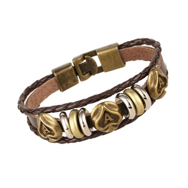 retro zinc alloy ace of hearts men cowhide bracelets craftwork woven women genuine leather bangles club party wrist jewelry, Golden;silver
retro zinc alloy ace of hearts men cowhide bracelets craftwork woven women genuine leather bangles club party wrist jewelry, Golden;silver