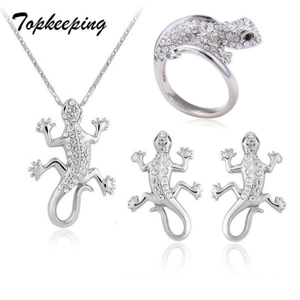 eeping brand creative luxurious austrian crystal gecko pendant necklace earrings ring set cute animal jewelry sets, Silver 
eeping brand creative luxurious austrian crystal gecko pendant necklace earrings ring set cute animal jewelry sets, Silver