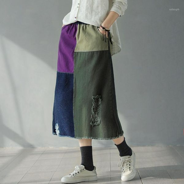 women's cotton stitching hole fringed skirts spring new retro literary elastic waist denim skirt girl1, Black
women's cotton stitching hole fringed skirts spring new retro literary elastic waist denim skirt girl1, Black