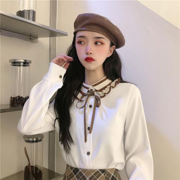 2021 new doll collar bow long sleeve bottoming shirt new women blouse college style color matching with single-breasted, White
2021 new doll collar bow long sleeve bottoming shirt new women blouse college style color matching with single-breasted, White
