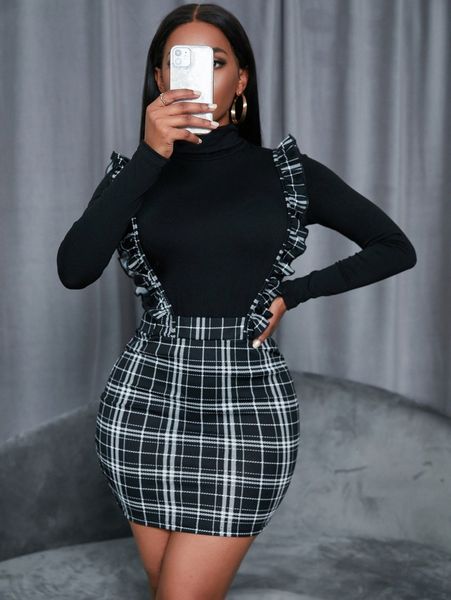sxy solid high neck tee & glen plaid print ruffle trim suspender skirt o37g#, White
sxy solid high neck tee & glen plaid print ruffle trim suspender skirt o37g#, White