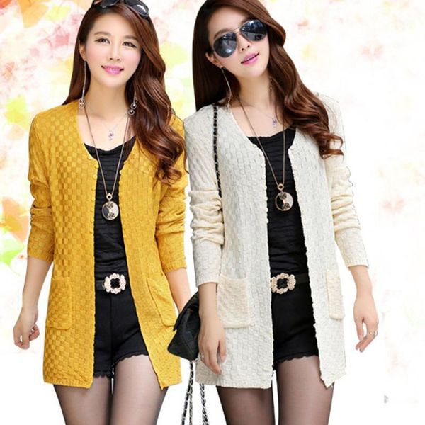 wholesale- fashion women sweater long cardigan long sleeve thin knitted cardigan female sweaters yellow black blue 6 colors plus size s-3xl1, White;black
wholesale- fashion women sweater long cardigan long sleeve thin knitted cardigan female sweaters yellow black blue 6 colors plus size s-3xl1, White;black