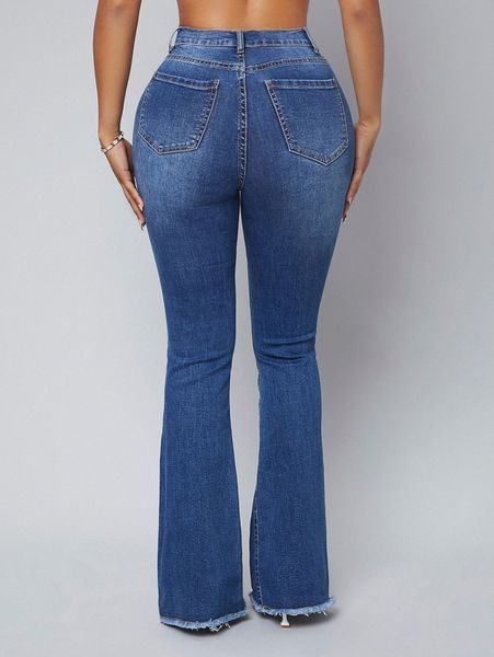 sxy high waisted ripped raw hem bootcut jeans p3iy#, Blue