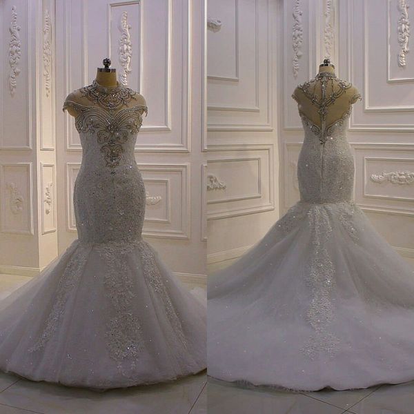 2021 full beading mermaid wedding dresses crystal high collar capped sleeve bridal gowns beads appliques wedding robes, White
2021 full beading mermaid wedding dresses crystal high collar capped sleeve bridal gowns beads appliques wedding robes, White
