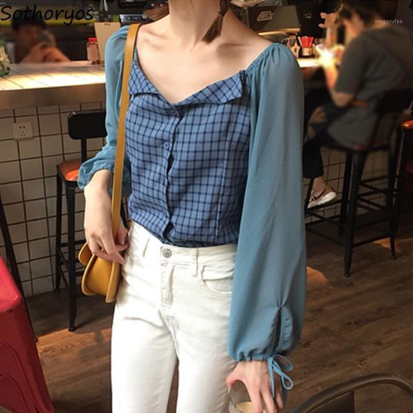 women shirts spliced blouses plaid v-neck lace up lantern long sleeve slim casual stylish korean style large size 3xl chic1, White
women shirts spliced blouses plaid v-neck lace up lantern long sleeve slim casual stylish korean style large size 3xl chic1, White