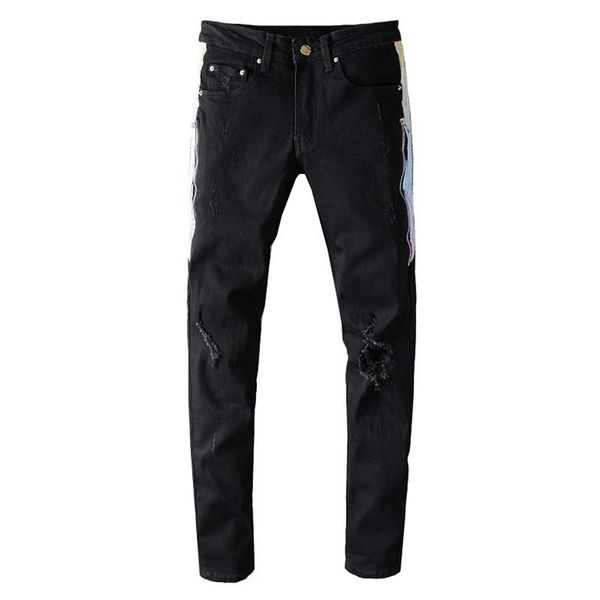 men's pleated stripe line patchwork black jeans streetwear slim skinny stretch denim ripped pants, Blue
men's pleated stripe line patchwork black jeans streetwear slim skinny stretch denim ripped pants, Blue
