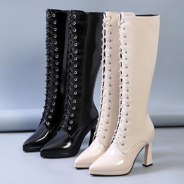 boots nice women patent leather knee high woman winter warm lace up botas pointed toe super heels long, Black
boots nice women patent leather knee high woman winter warm lace up botas pointed toe super heels long, Black
