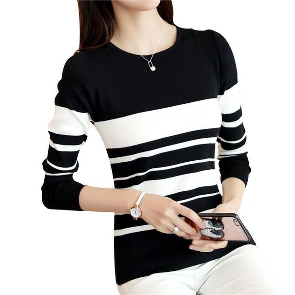 korean spring autumn women sweaters and pullovers o neck long sleeve striped knitwear slim sueter mujer pull femme, White;black
korean spring autumn women sweaters and pullovers o neck long sleeve striped knitwear slim sueter mujer pull femme, White;black