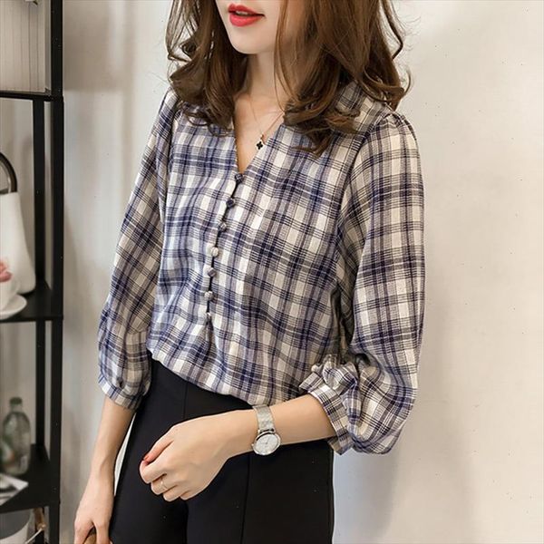 ladies plaid loose t shirt women v neck print lantern sleeve t shirt female three quarter casual t shirt, White
ladies plaid loose t shirt women v neck print lantern sleeve t shirt female three quarter casual t shirt, White