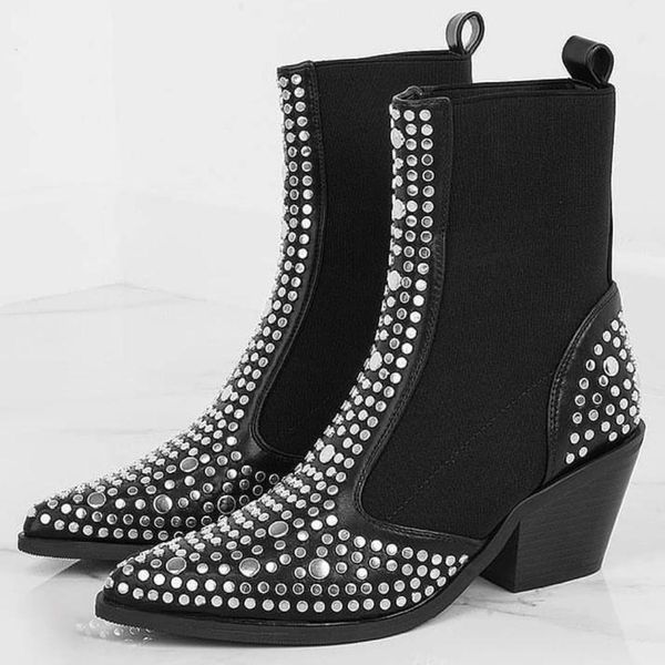 new designer square heels classic fashion rivets elastic ankle boots fashion shoes women boots, Black