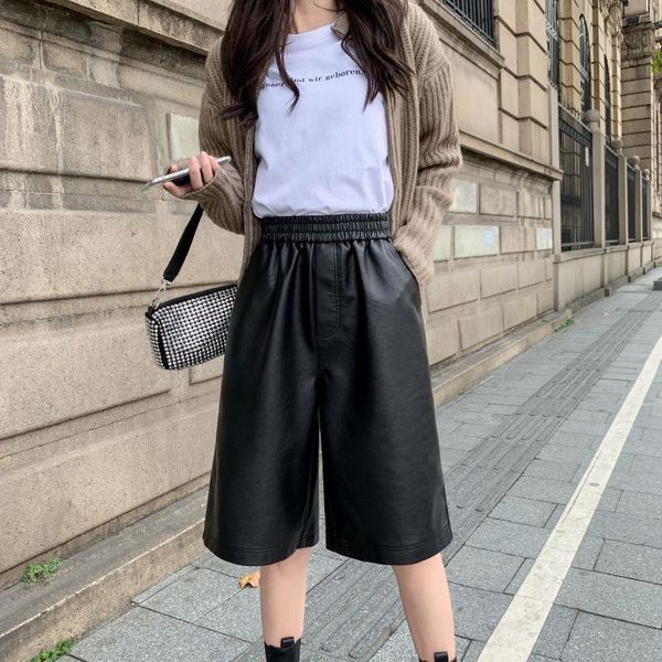 women's pu leather high-waisted five-point pants, elastic and wide loose pockets punk style women's spring street wear, Black;white
women's pu leather high-waisted five-point pants, elastic and wide loose pockets punk style women's spring street wear, Black;white