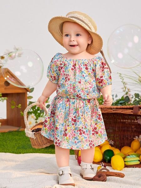 baby allover floral print & skirt she, White