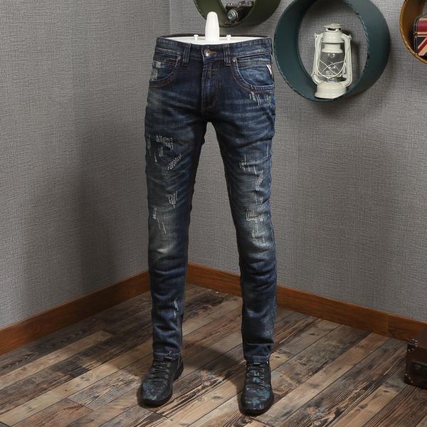 italian style fashion men jeans retro slim fit elastic ripped jeans men denim baggy pants vintage designer, Blue
italian style fashion men jeans retro slim fit elastic ripped jeans men denim baggy pants vintage designer, Blue