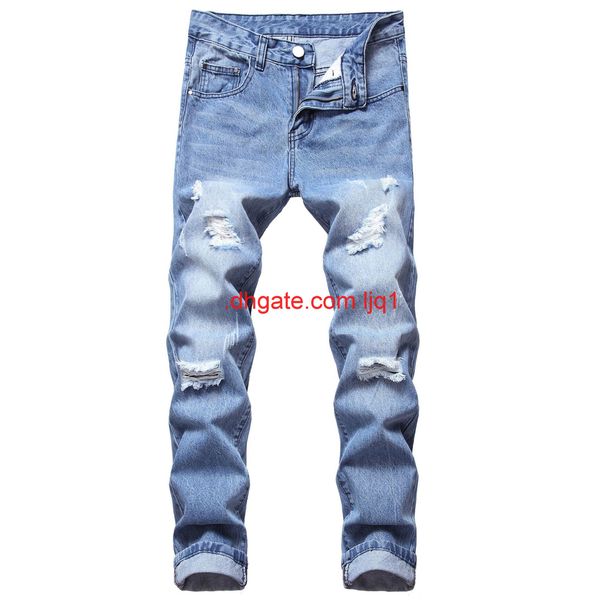 new men's jeans straight cut hole cotton jeans, Blue 
new men's jeans straight cut hole cotton jeans, Blue