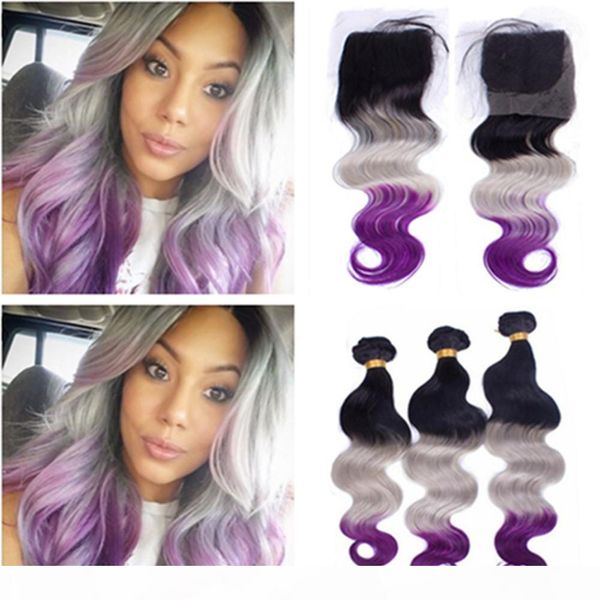#1b grey purple dark roots ombre brazilian human hair 3bundles body wave with closure 3tone ombre weave bundles with 4x4 lace closure, Black
#1b grey purple dark roots ombre brazilian human hair 3bundles body wave with closure 3tone ombre weave bundles with 4x4 lace closure, Black