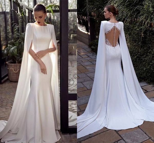 2021 modern mermaid wedding dresses with long chiffon wrap cloak jewel neck lace appliqued bridal gowns see through back vestidos al7616, White
2021 modern mermaid wedding dresses with long chiffon wrap cloak jewel neck lace appliqued bridal gowns see through back vestidos al7616, White