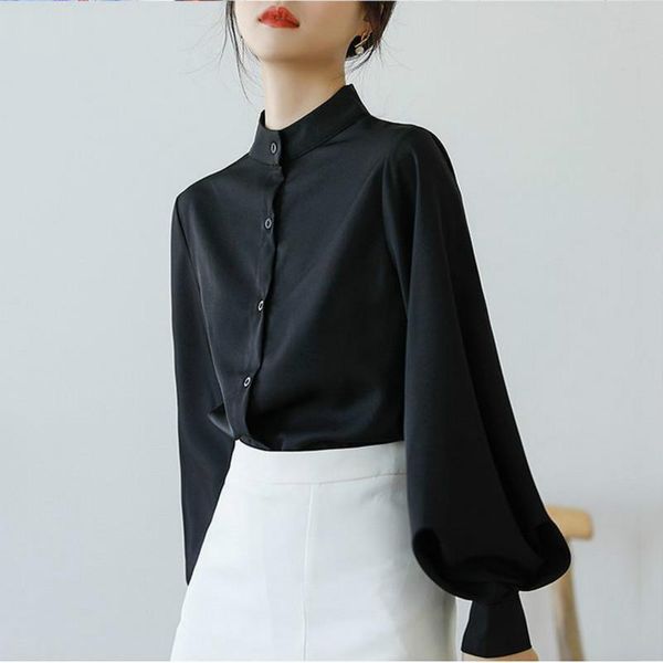 2021 women autumn winter elegant shirt female solid stand collar lantern sleeve lady casual slim single breasted blouse f198, White
2021 women autumn winter elegant shirt female solid stand collar lantern sleeve lady casual slim single breasted blouse f198, White