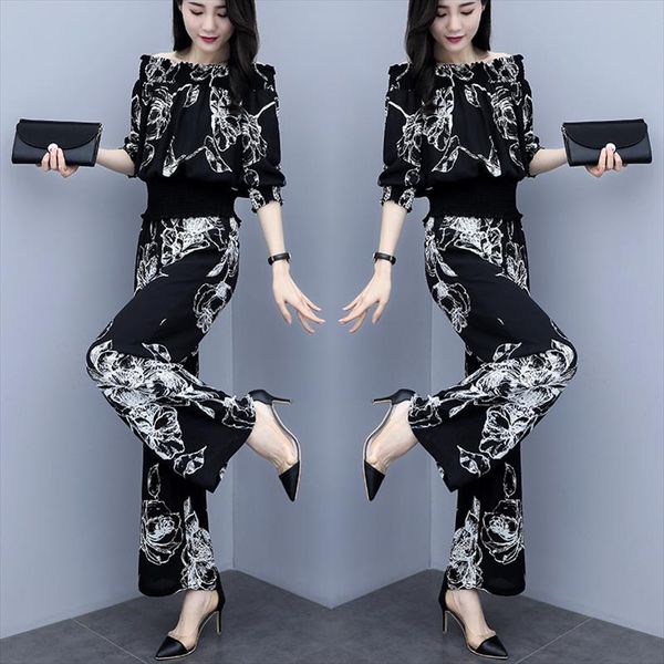 three quarter sleeve elastic slash neck women and wide leg full pants floral print elegant vintage summer women sets, Gray
three quarter sleeve elastic slash neck women and wide leg full pants floral print elegant vintage summer women sets, Gray