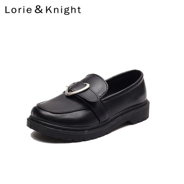 school girl pu leather loafers heart strap slip-on uniform shoes, Black