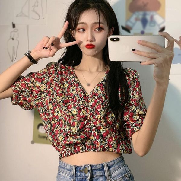 women blouse short shirt short sleeve printed crop retro girl women shirt v neck sweet pleated loose feme1, White
women blouse short shirt short sleeve printed crop retro girl women shirt v neck sweet pleated loose feme1, White