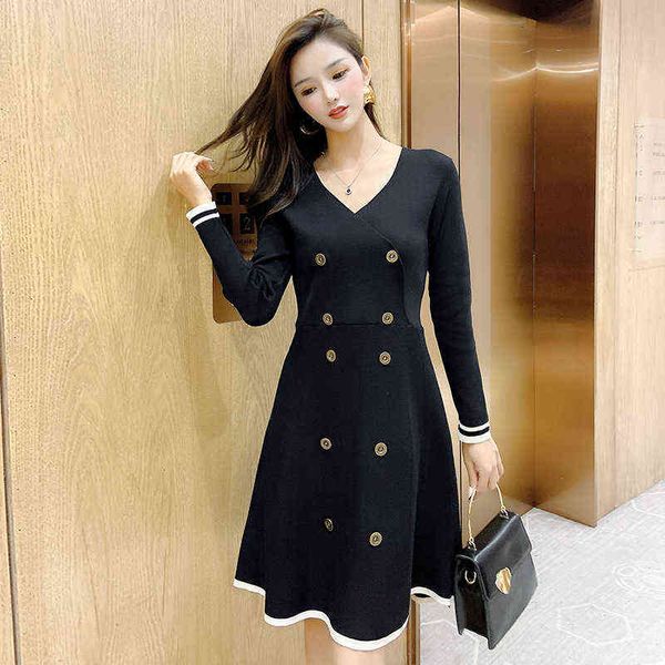 casual dresses french style knitted dr's double breasted waist closed to show thin autumn and winter medium length loose small black sk, Black;gray
casual dresses french style knitted dr's double breasted waist closed to show thin autumn and winter medium length loose small black sk, Black;gray