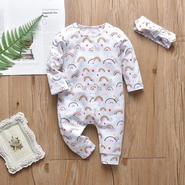 2pcs newborn baby girls clothes outfits set cute rainbow print cotton long sleeve jumpsuit and headband infant toddler clothing 1021, White