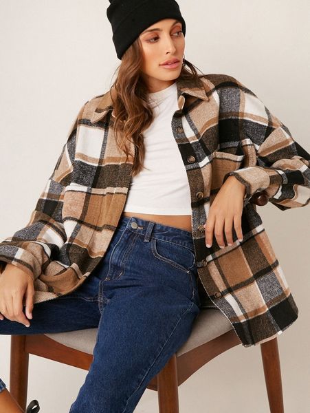 drop shoulder curved hem plaid blouse 14ox#, White