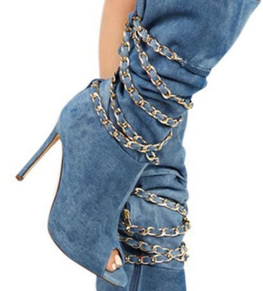 fashion women mid-calf boots in peep toe with denim blue pattern new summer shoes chains across high heels, Black
fashion women mid-calf boots in peep toe with denim blue pattern new summer shoes chains across high heels, Black