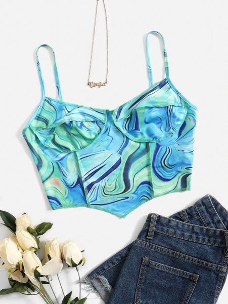 plus marble print bustier crop cami v5as#, Black
