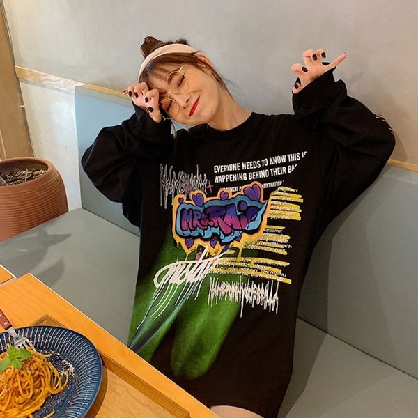 z71ep super spring and autumn sw celebrity ins 2020 graffiti t-shirt sweater printed t-shirt women's mid-length loose long sleeve int, Black
z71ep super spring and autumn sw celebrity ins 2020 graffiti t-shirt sweater printed t-shirt women's mid-length loose long sleeve int, Black