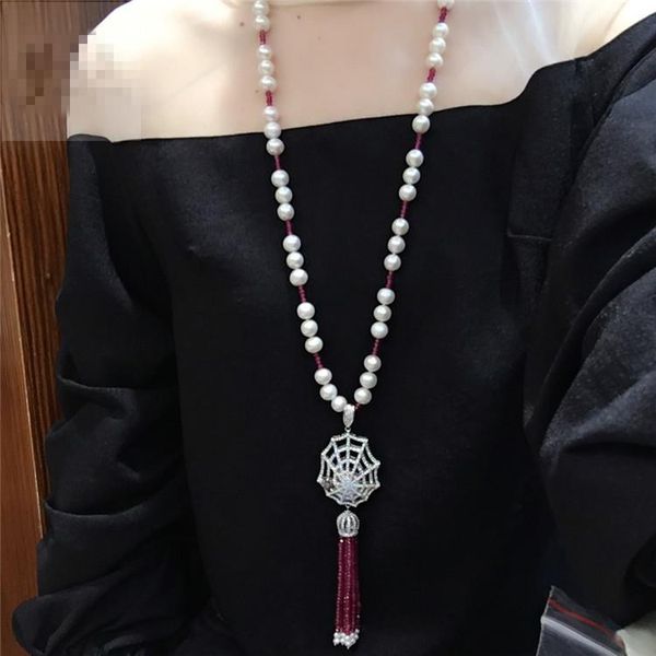 hand knotted natural 8-9mm white nearl round freshwater pearl red stone micro inlay zircon tassel necklace fashion jewelry, Silver
hand knotted natural 8-9mm white nearl round freshwater pearl red stone micro inlay zircon tassel necklace fashion jewelry, Silver