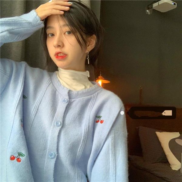 women's knits & tees nomikuma korean sweet cherry embroidery knitted coat 2021 autumn o-neck long sleeve sweater causal short knitwear, White
women's knits & tees nomikuma korean sweet cherry embroidery knitted coat 2021 autumn o-neck long sleeve sweater causal short knitwear, White