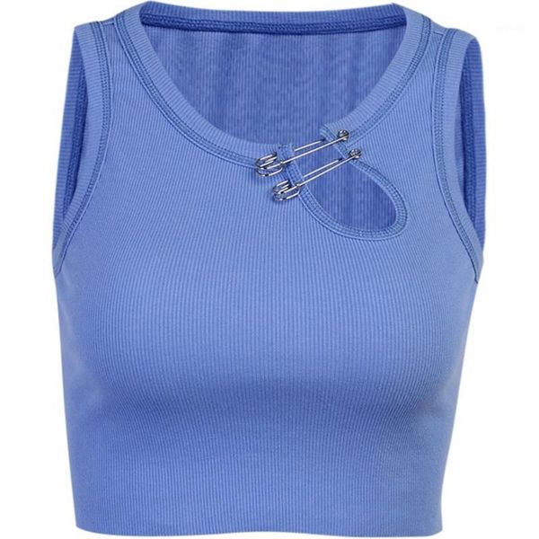 women sleeveless o-neck crop tank hollow pins buckle ribbed slim vest 094b1, White
women sleeveless o-neck crop tank hollow pins buckle ribbed slim vest 094b1, White