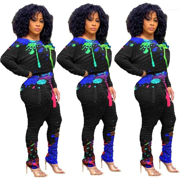 designer two piece sets crew neck womens clothes splash ink printed womens two piece pants casual stacked, White 
designer two piece sets crew neck womens clothes splash ink printed womens two piece pants casual stacked, White