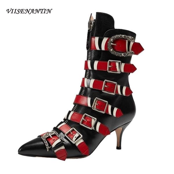 color matching rivet belt buckle pointed high heel retro motorcycle boots stiletto short tube women's boots, Black
color matching rivet belt buckle pointed high heel retro motorcycle boots stiletto short tube women's boots, Black