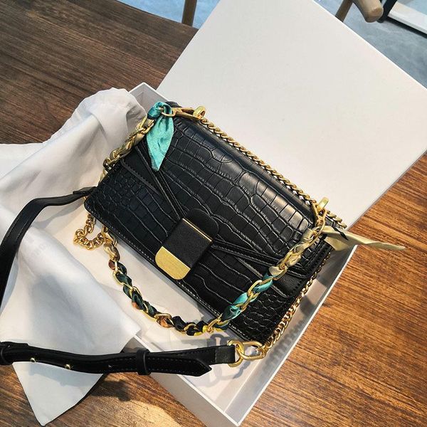 crocodile pattern female 2020 autumn and winter new style with silk scarf chain bag simple shoulder messenger small square bags