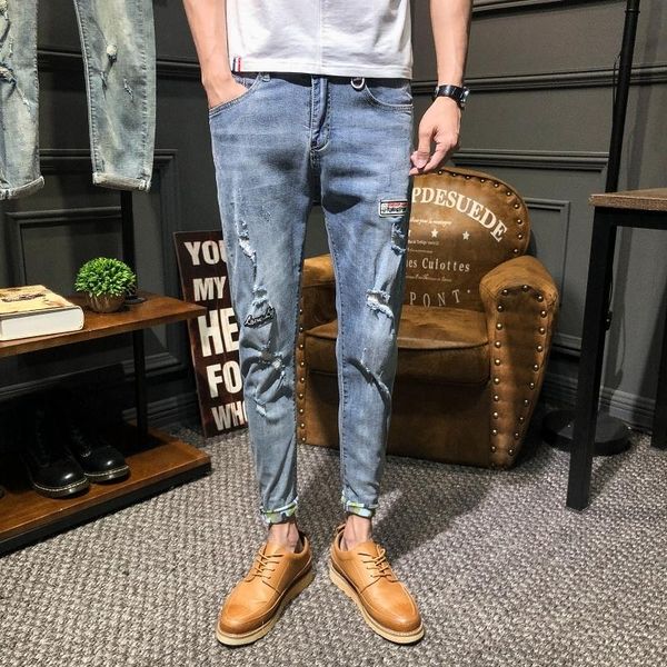 men's jeans nice spring korean version of the campus wind couple loose solid color casual trend small hole party, Blue
men's jeans nice spring korean version of the campus wind couple loose solid color casual trend small hole party, Blue